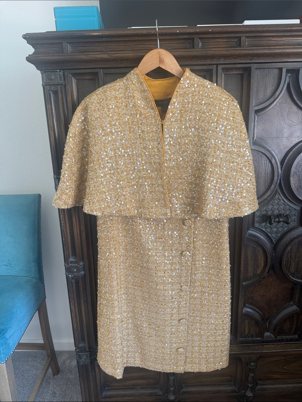 Donna Karan Gold Sequin Tweed Midi Dress with Capelet